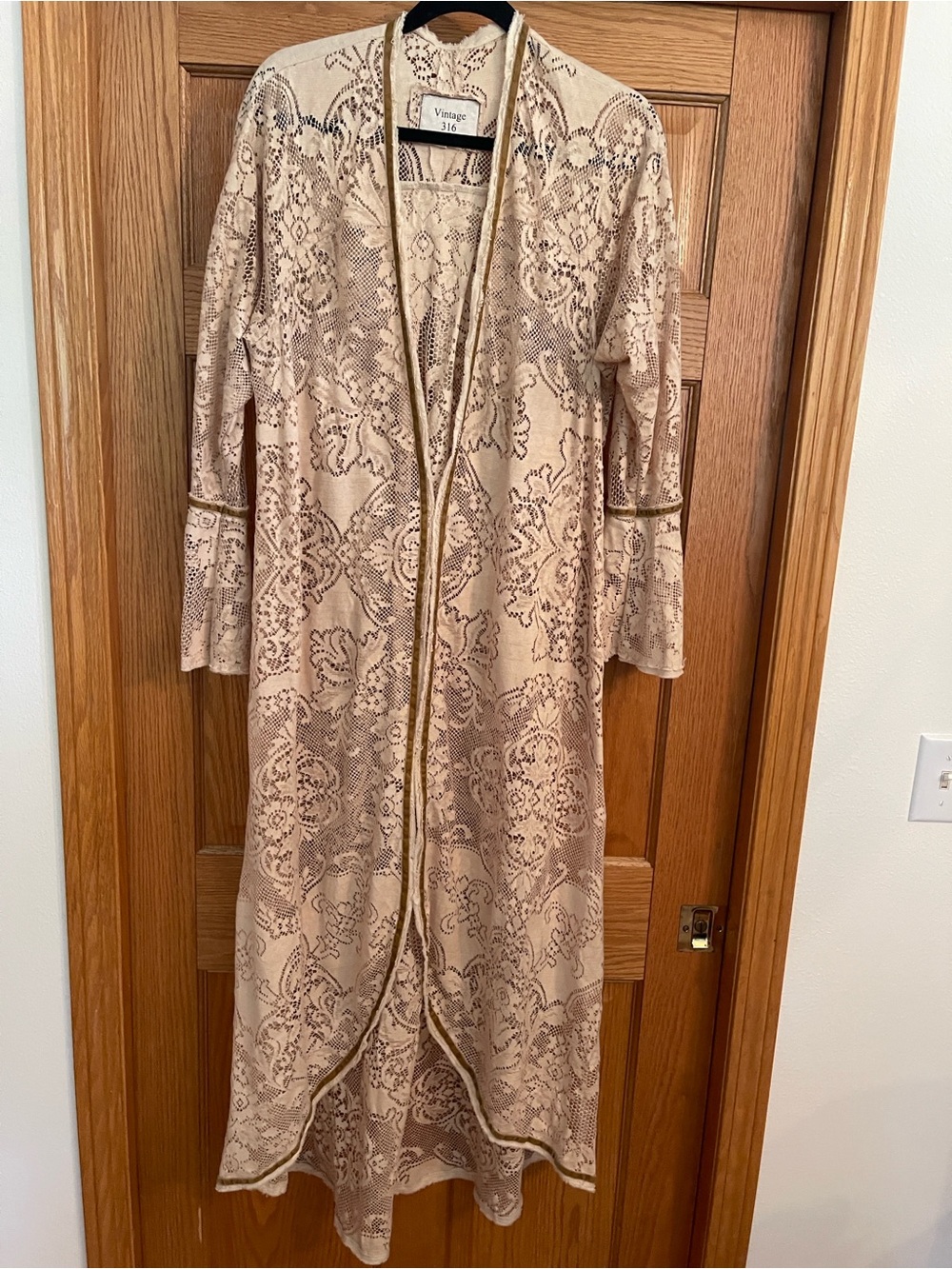 Vintage 316 Cream Lace Long Duster Velvet Trim
